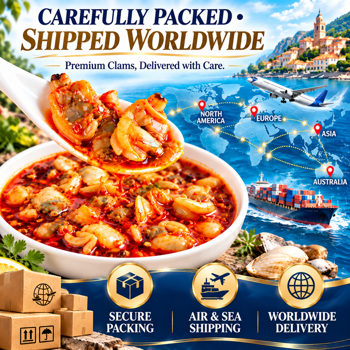 🔥 Spanish Galicia Premium Clam Meat 🌶️ Gourmet Spicy Seafood, Plump & Tender Bites with Rich Ocean Flavor-8RH7