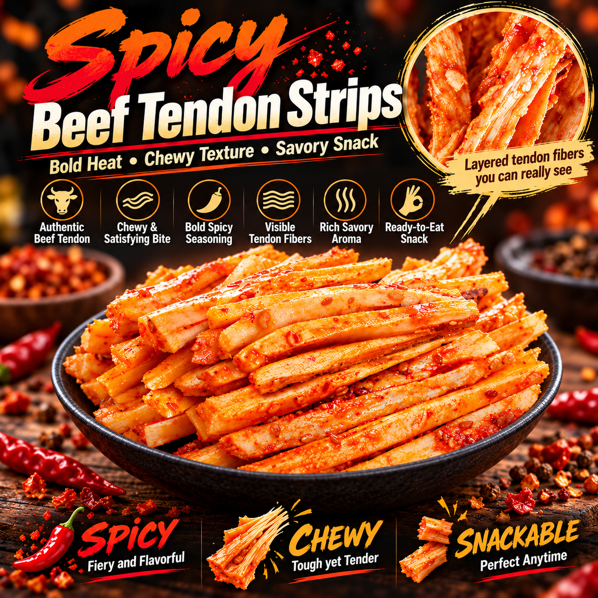 🌶️ Premium Chili-Spiced Beef Backstrap Strips - Bold Chili Heat 🔥 Springy, Satisfyingly Chewy & Packed with Rich-8CR5 Savory Flavor
