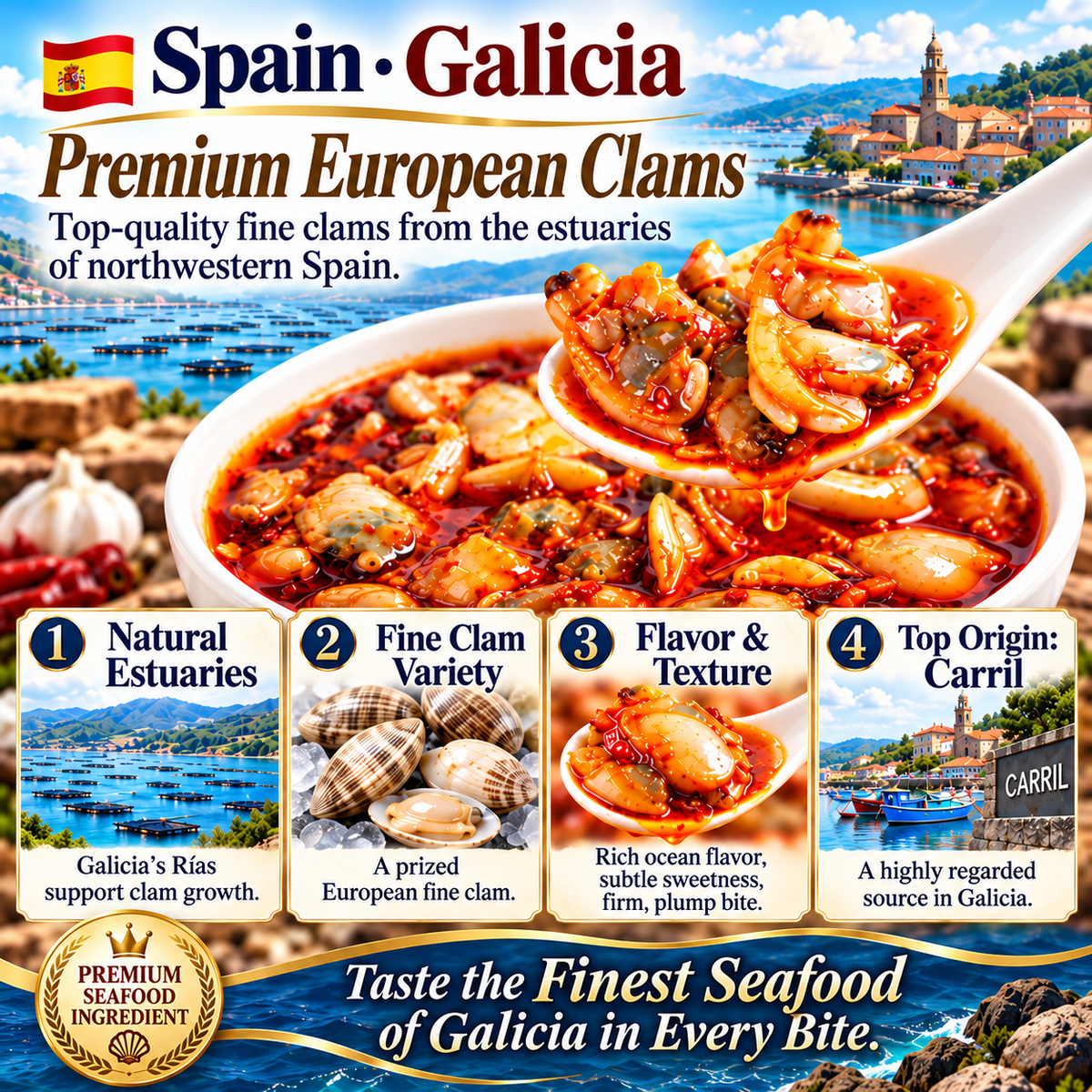 🔥 Spanish Galicia Premium Clam Meat 🌶️ Gourmet Spicy Seafood, Plump & Tender Bites with Rich Ocean Flavor-8RH7