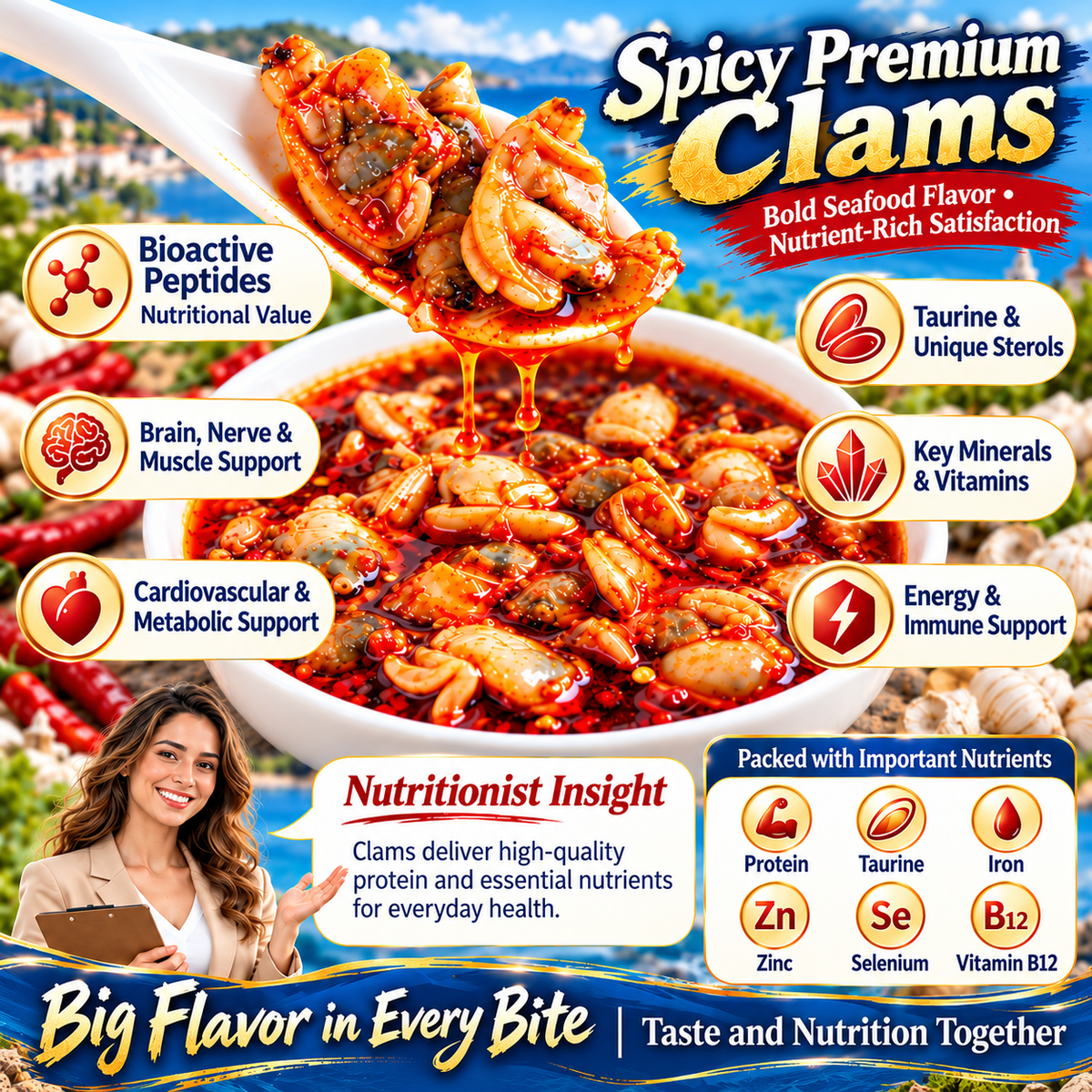 🔥 Spanish Galicia Premium Clam Meat 🌶️ Gourmet Spicy Seafood, Plump & Tender Bites with Rich Ocean Flavor-8RH7