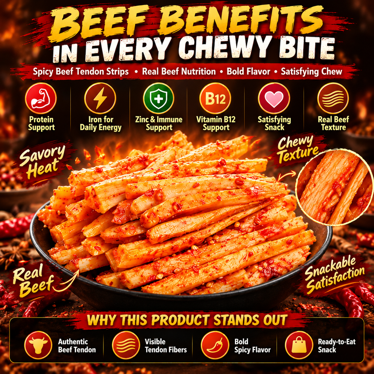 🌶️ Premium Chili-Spiced Beef Backstrap Strips - Bold Chili Heat 🔥 Springy, Satisfyingly Chewy & Packed with Rich-8CR5 Savory Flavor