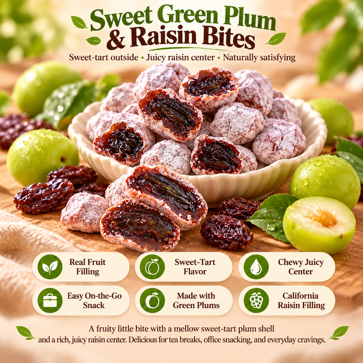 🍏 Sweet Green Plum & Raisin Bites – 💥 Sweet-Tart Crunch, a Juicy Raisin Explosion & Irresistibly Rich Fruit Flavor in Every Bite 🍇🔥
